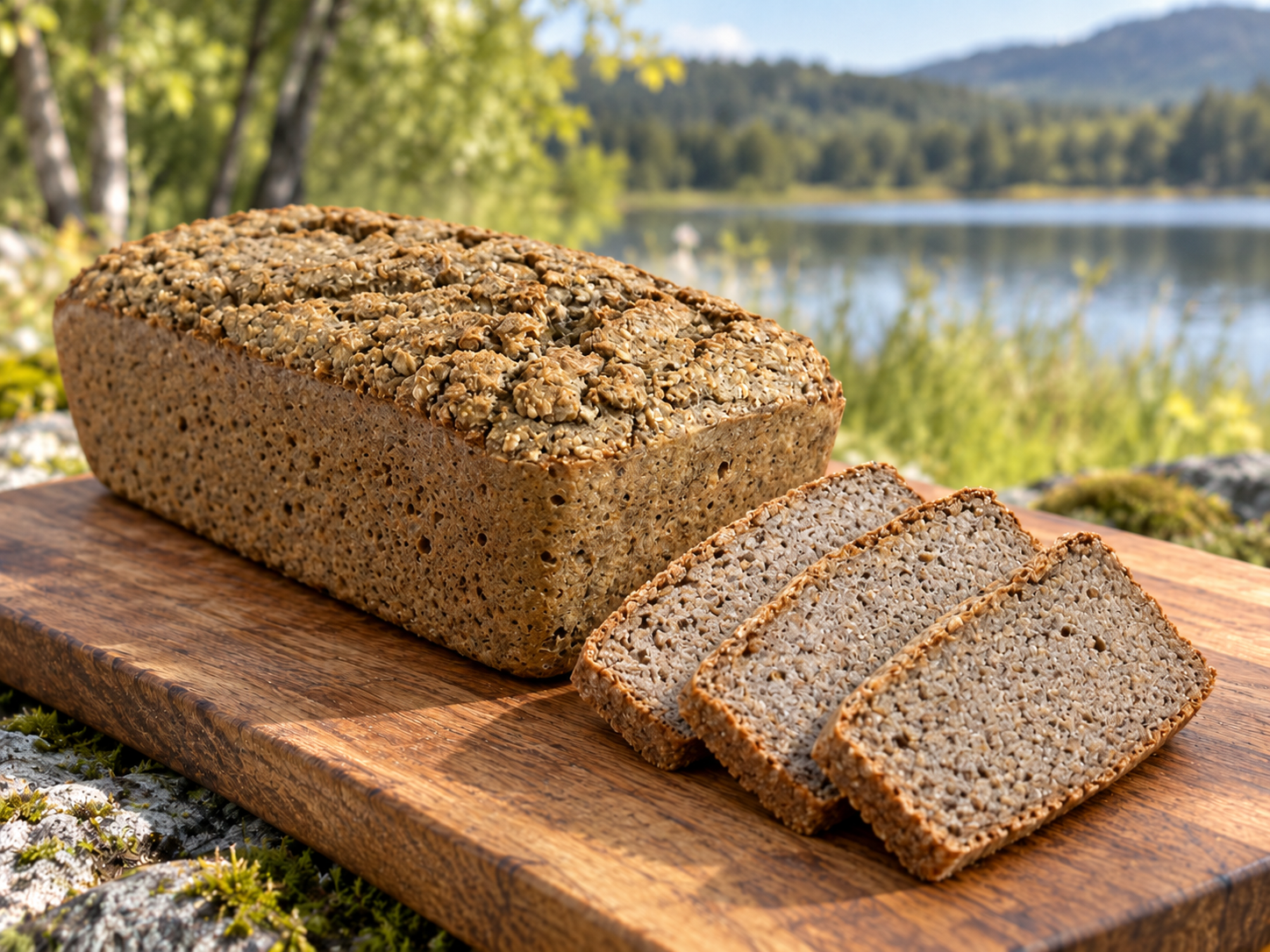 Balam bread and slices on a wooden board beside a lake and forest