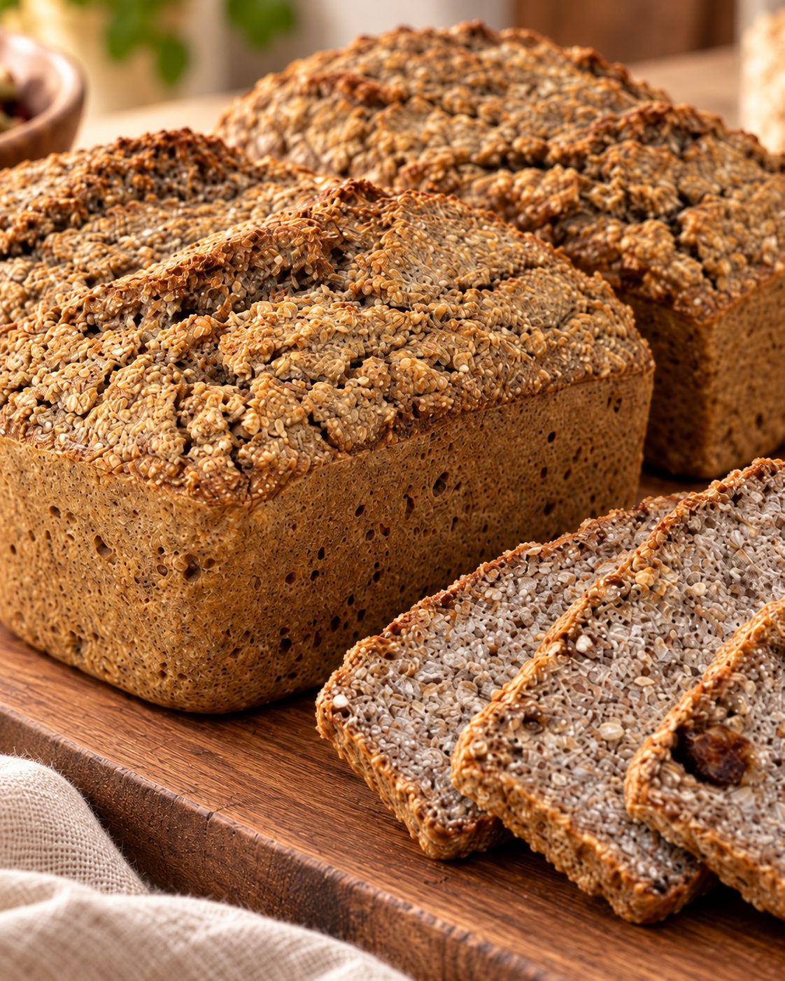 Several freshly baked Balam loaves and sliced bread on a wooden table