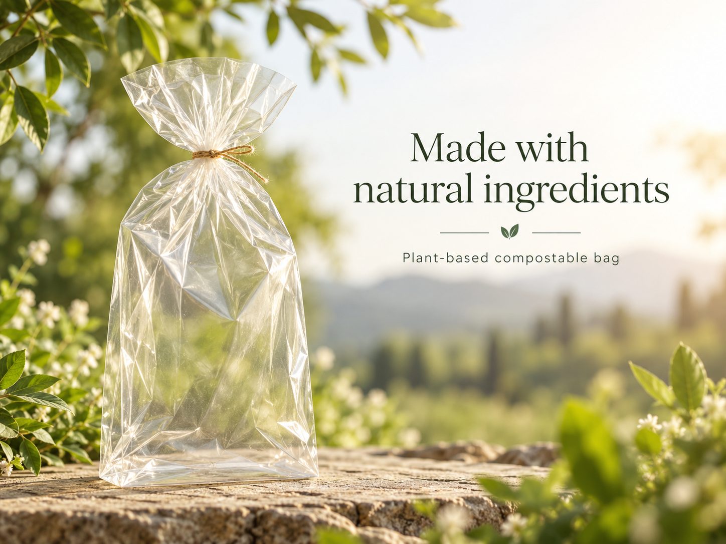Compostable clear bread bag in a natural setting with a clean message about natural ingredients