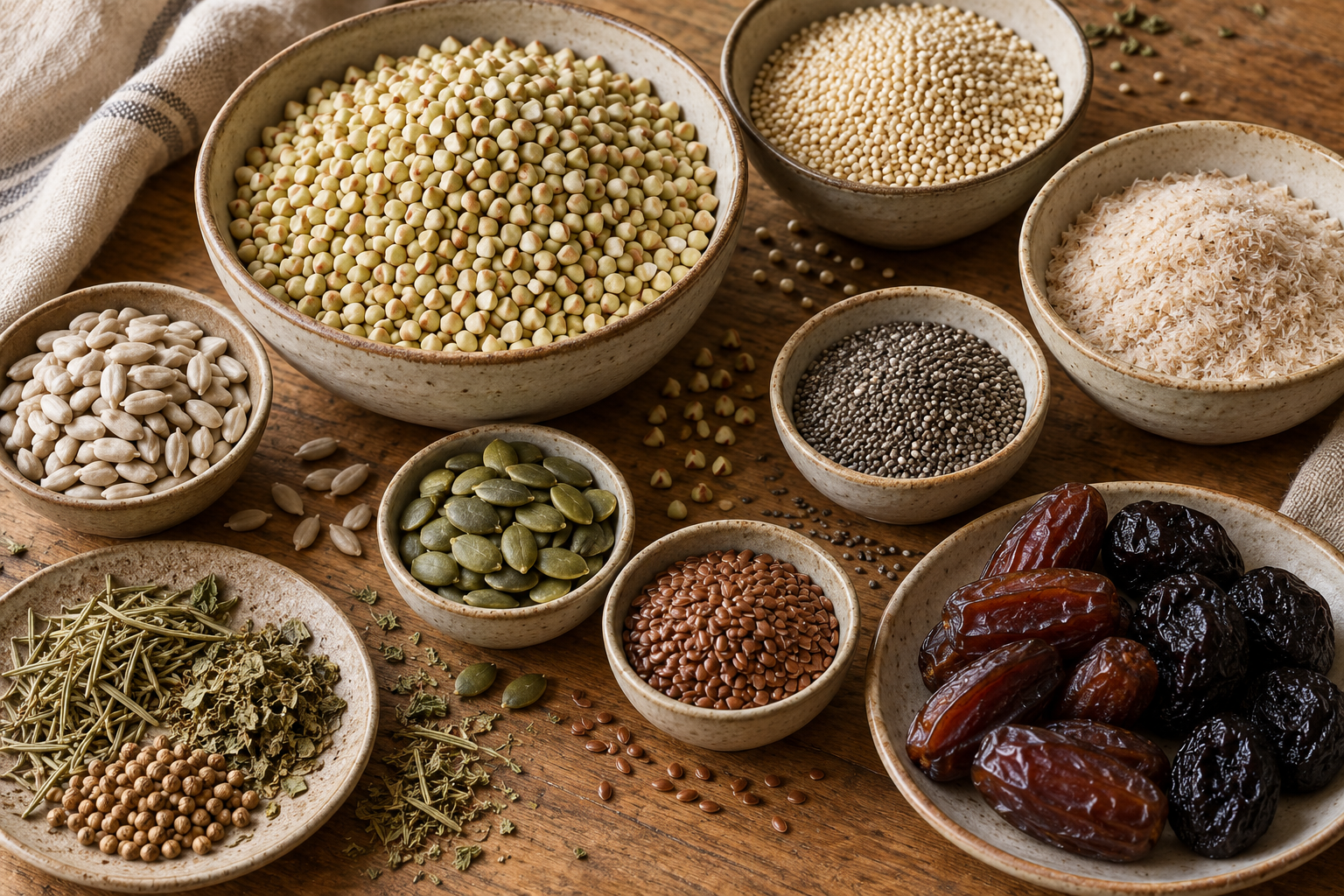 Green buckwheat, quinoa, psyllium husk, chia, pumpkin, sunflower and flax seeds, herbs, dates and prunes arranged in ceramic bowls on a wooden table