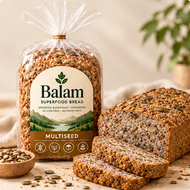 Balam Multiseed packaged loaf with sliced seeded bread