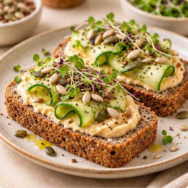 Balam Multiseed toast with hummus, cucumber, radish and sprouts