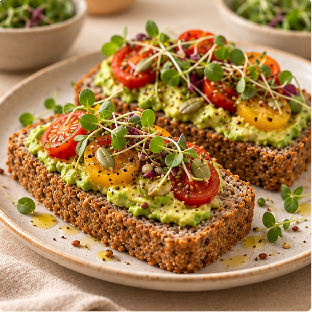 Balam Original toast with avocado, cherry tomatoes and microgreens
